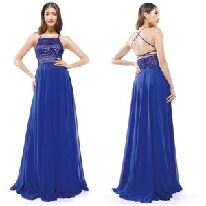 Colors Dress Royal Blue Beaded Lace Up Back Straight Gown Size 4